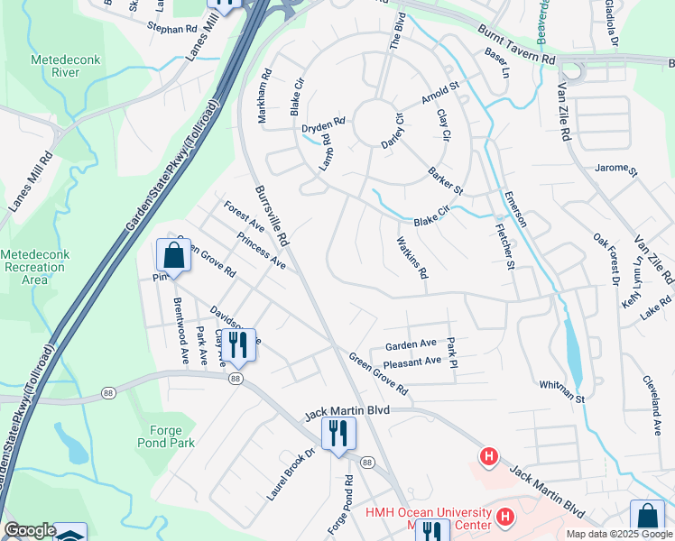 map of restaurants, bars, coffee shops, grocery stores, and more near 65 Central Boulevard in Brick Township
