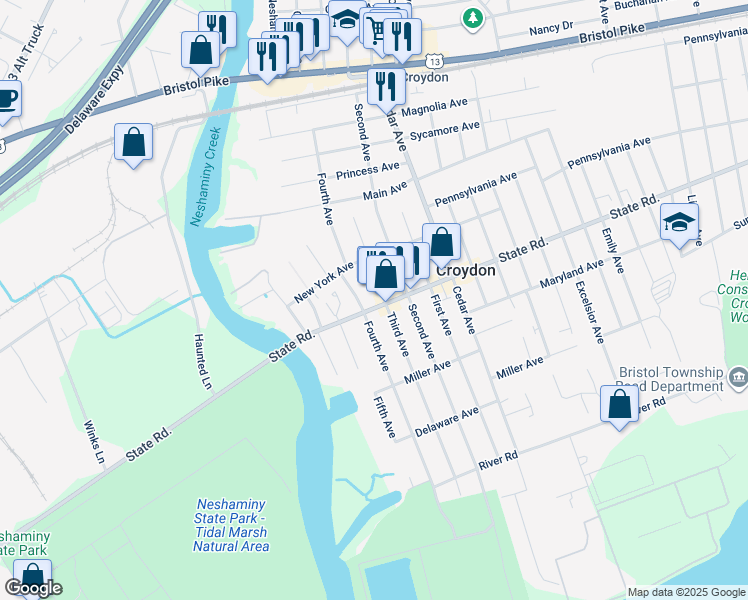 map of restaurants, bars, coffee shops, grocery stores, and more near 413 State Road in Croydon