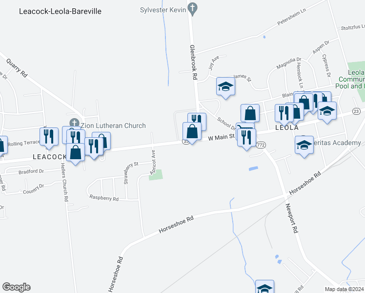 map of restaurants, bars, coffee shops, grocery stores, and more near 154 W Main St in Leola