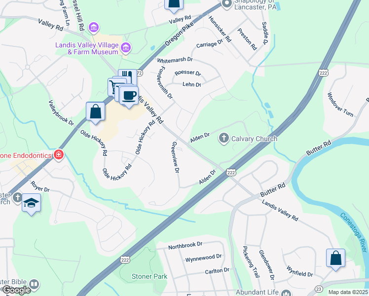 map of restaurants, bars, coffee shops, grocery stores, and more near 115 Greenview Drive in Lancaster