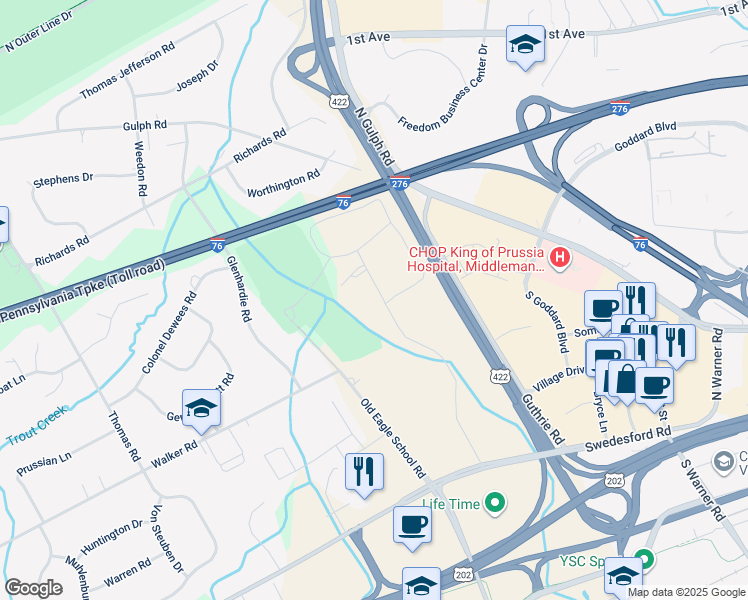 map of restaurants, bars, coffee shops, grocery stores, and more near 156 Drummers Lane in Wayne