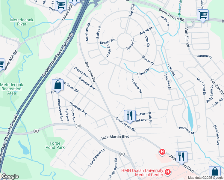 map of restaurants, bars, coffee shops, grocery stores, and more near 65 Central Boulevard in Brick Township