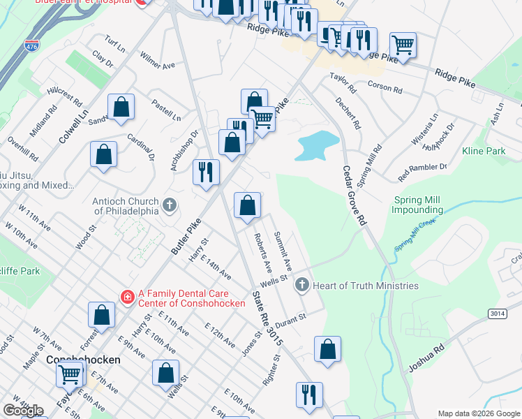 map of restaurants, bars, coffee shops, grocery stores, and more near 1612 Hallowell Street in Conshohocken