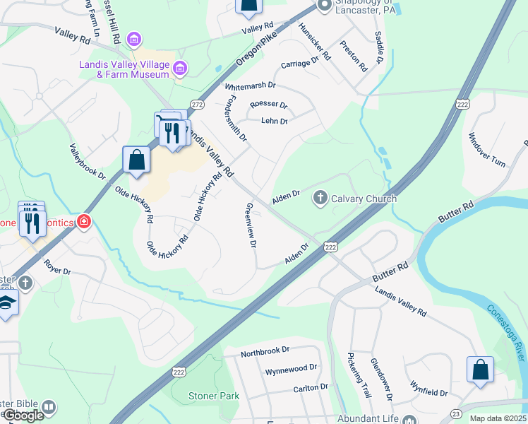 map of restaurants, bars, coffee shops, grocery stores, and more near 115 Greenview Drive in Lancaster