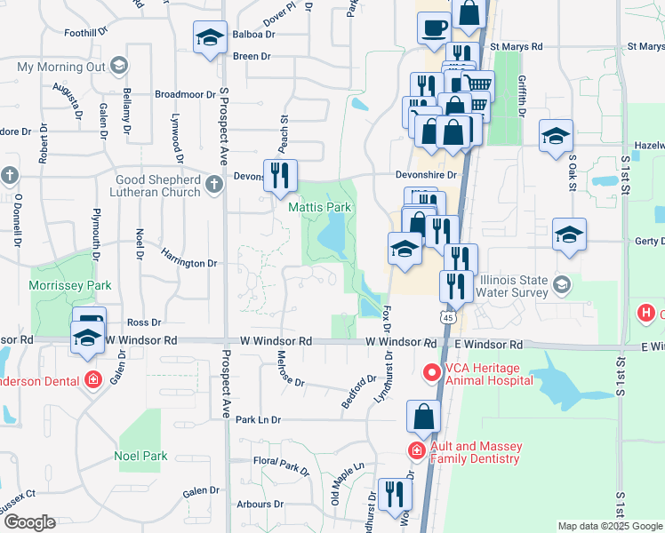 map of restaurants, bars, coffee shops, grocery stores, and more near 1915 Melrose Drive in Champaign