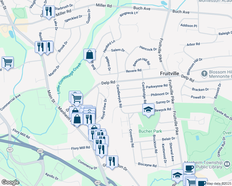 map of restaurants, bars, coffee shops, grocery stores, and more near 590 Candlewyck Road in Lancaster