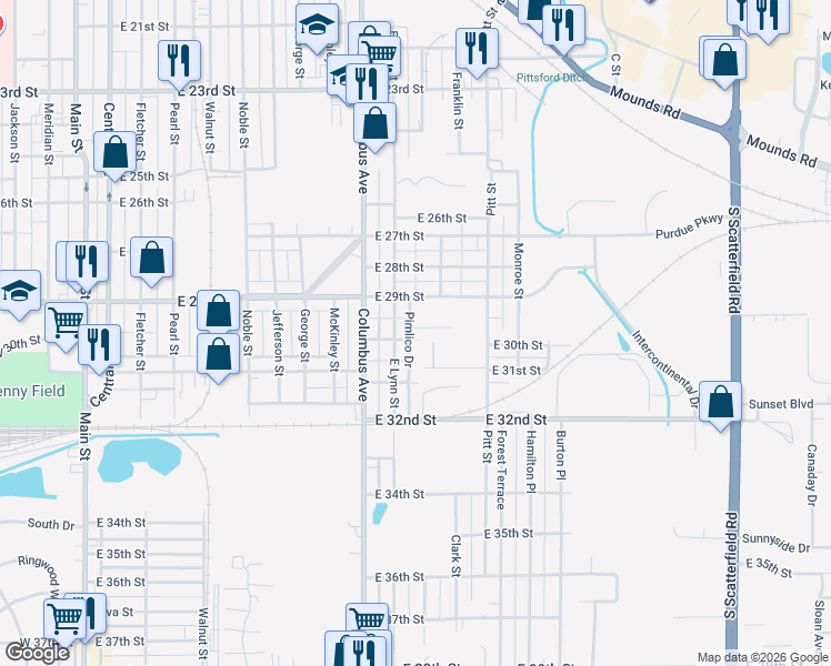 map of restaurants, bars, coffee shops, grocery stores, and more near 1120 East 30th Street in Anderson