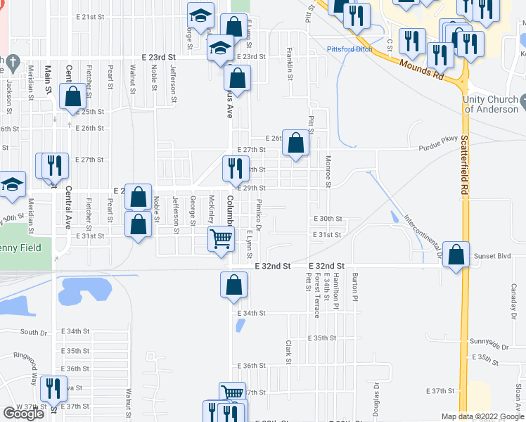 map of restaurants, bars, coffee shops, grocery stores, and more near 1120 East 30th Street in Anderson