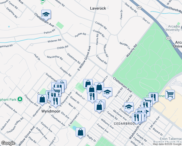 map of restaurants, bars, coffee shops, grocery stores, and more near 1414 Firethorne Lane in Wyndmoor