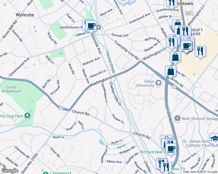 map of restaurants, bars, coffee shops, grocery stores, and more near 950 Chelten Hills Drive in Wyncote