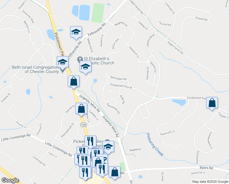 map of restaurants, bars, coffee shops, grocery stores, and more near Bonnie Lane in Chester Springs