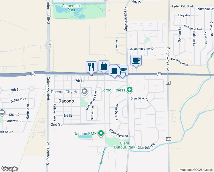 map of restaurants, bars, coffee shops, grocery stores, and more near 510 Sundance Circle in Dacono
