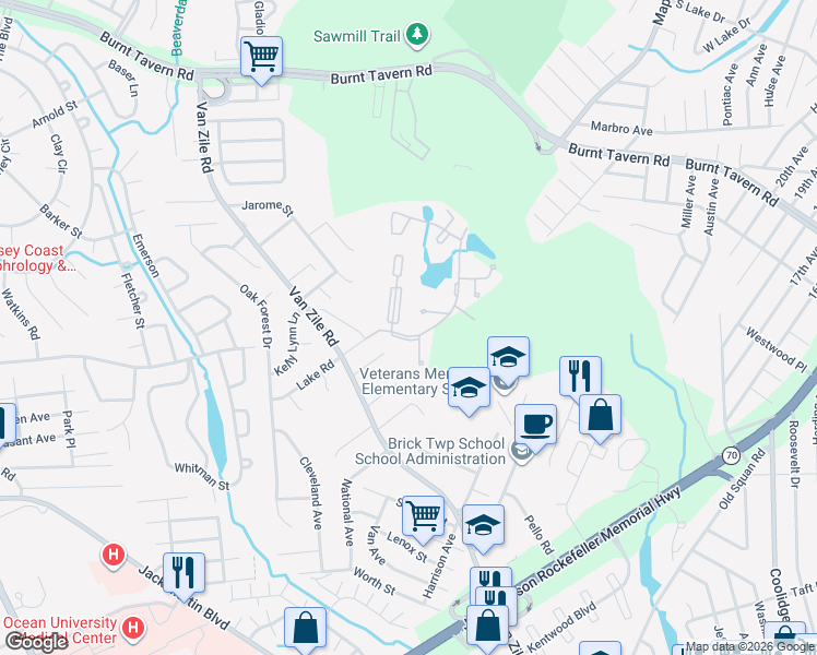 map of restaurants, bars, coffee shops, grocery stores, and more near 22 Northrup Drive in Brick Township