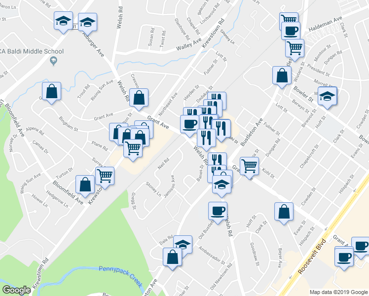 map of restaurants, bars, coffee shops, grocery stores, and more near 1630 Welsh Road in Philadelphia