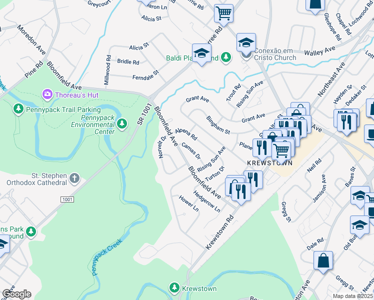 map of restaurants, bars, coffee shops, grocery stores, and more near 1034 Camas Drive in Philadelphia