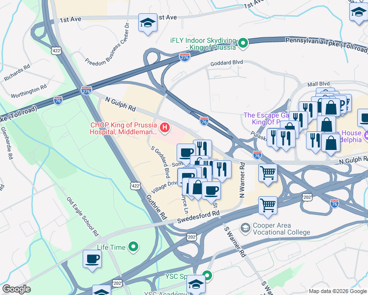 map of restaurants, bars, coffee shops, grocery stores, and more near 230 Village Drive in King of Prussia
