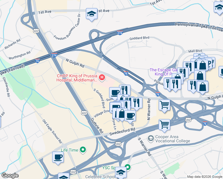 map of restaurants, bars, coffee shops, grocery stores, and more near 230 Village Drive in King of Prussia