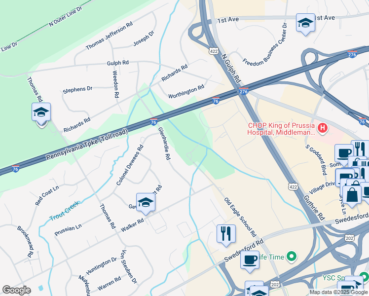 map of restaurants, bars, coffee shops, grocery stores, and more near 76 Drummers Lane in Wayne
