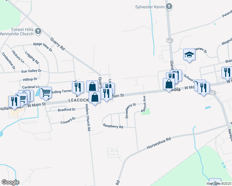 map of restaurants, bars, coffee shops, grocery stores, and more near 226 West Main Street in Leacock-Leola-Bareville
