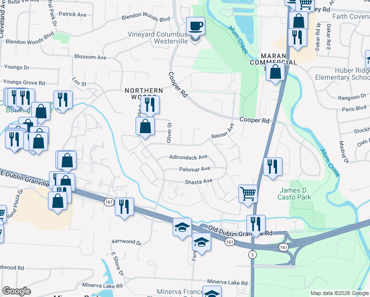 map of restaurants, bars, coffee shops, grocery stores, and more near 3106 Adirondack Avenue in Columbus