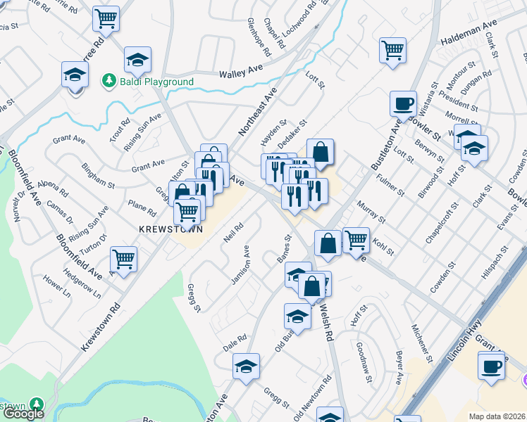 map of restaurants, bars, coffee shops, grocery stores, and more near 1630 Welsh Road in Philadelphia