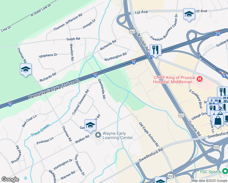 map of restaurants, bars, coffee shops, grocery stores, and more near 74 Drummers Lane in Wayne