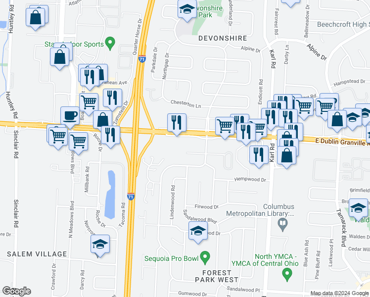 map of restaurants, bars, coffee shops, grocery stores, and more near 1268 Pegwood Court in Columbus
