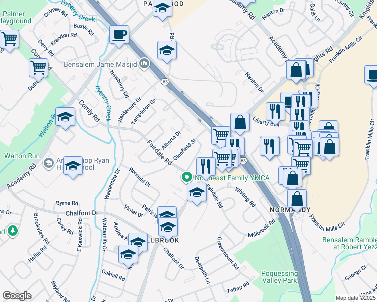 map of restaurants, bars, coffee shops, grocery stores, and more near 12023 Glenfield Street in Philadelphia