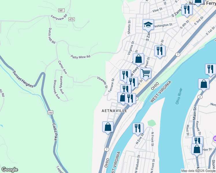 map of restaurants, bars, coffee shops, grocery stores, and more near 1331 Terrace Street in Martins Ferry