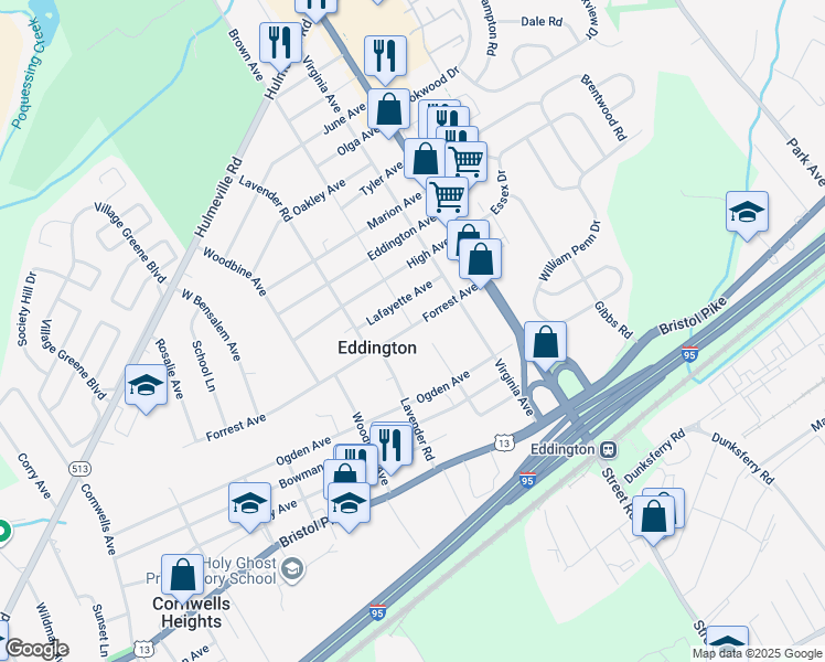 map of restaurants, bars, coffee shops, grocery stores, and more near 2769 Forrest Avenue in Eddington