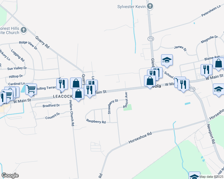 map of restaurants, bars, coffee shops, grocery stores, and more near 207 West Main Street in Leacock-Leola-Bareville