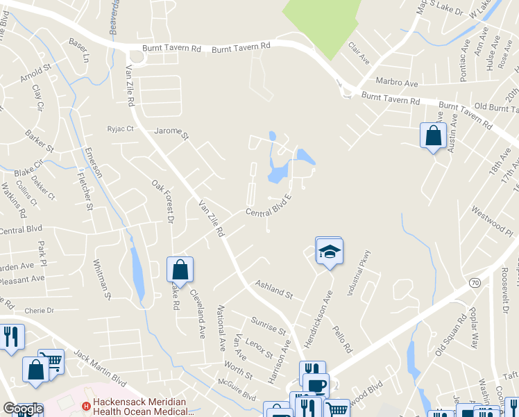 map of restaurants, bars, coffee shops, grocery stores, and more near 22 Northrup Drive in Brick Township