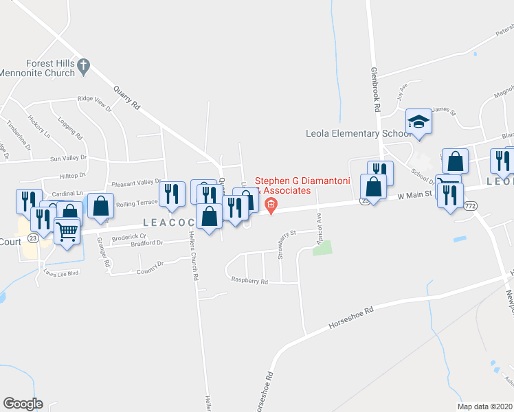 map of restaurants, bars, coffee shops, grocery stores, and more near 227 West Main Street in Leacock-Leola-Bareville