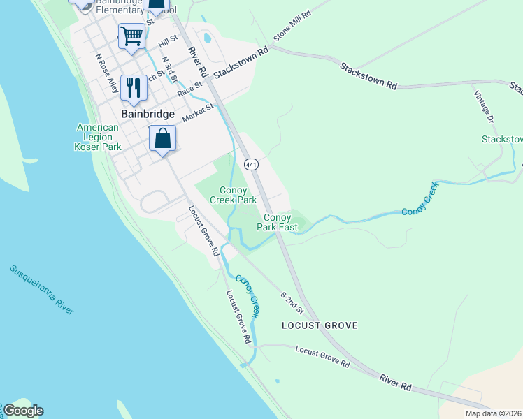 map of restaurants, bars, coffee shops, grocery stores, and more near 2119 River Rd in Bainbridge