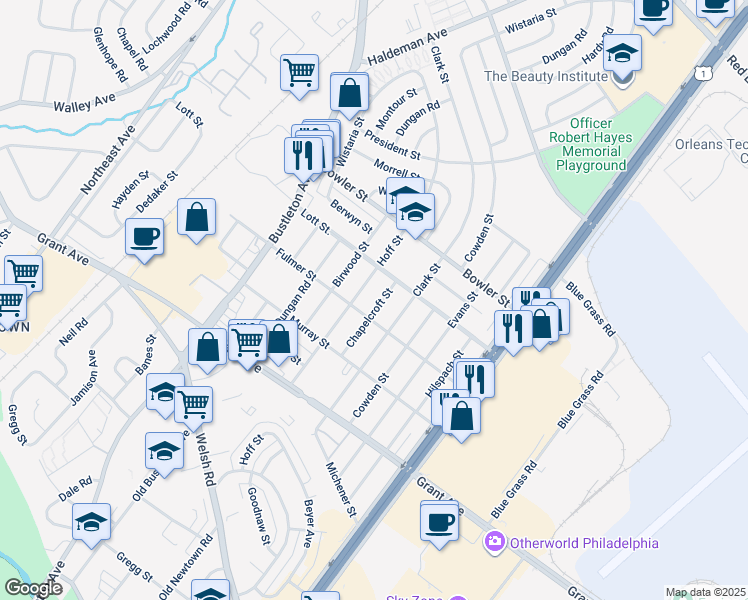 map of restaurants, bars, coffee shops, grocery stores, and more near 9650 Chapelcroft Street in Philadelphia
