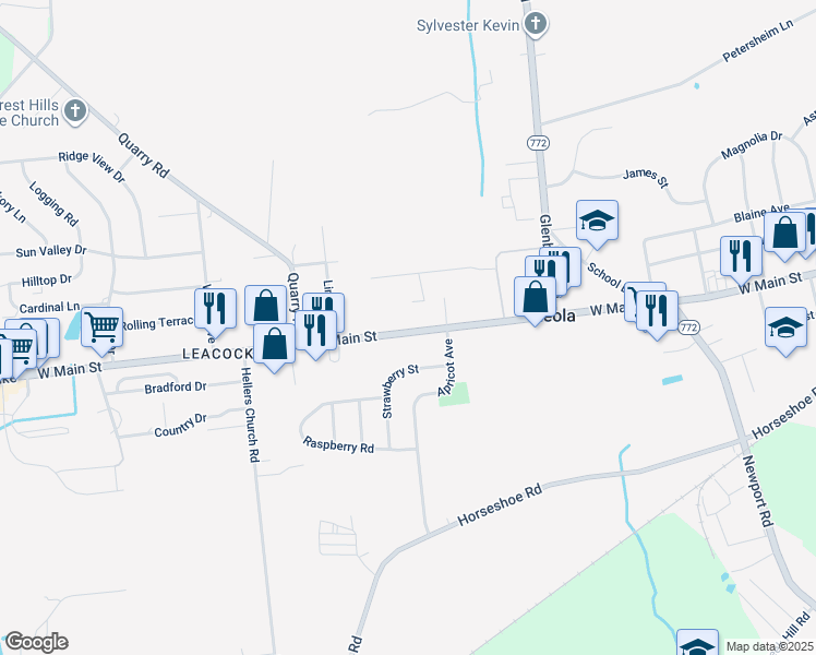 map of restaurants, bars, coffee shops, grocery stores, and more near 203 West Main Street in Leacock-Leola-Bareville