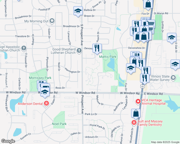 map of restaurants, bars, coffee shops, grocery stores, and more near 31 Colony West Drive in Champaign