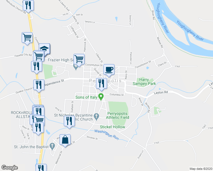 map of restaurants, bars, coffee shops, grocery stores, and more near 310 Liberty Street in Perryopolis