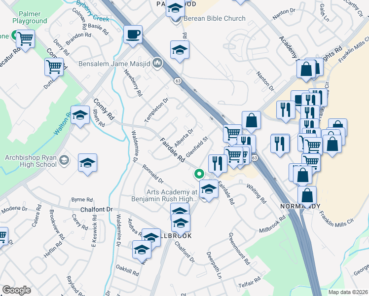 map of restaurants, bars, coffee shops, grocery stores, and more near 12006 Glenfield Street in Philadelphia