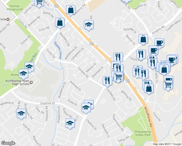 map of restaurants, bars, coffee shops, grocery stores, and more near 3890 Alberta Terrace in Philadelphia