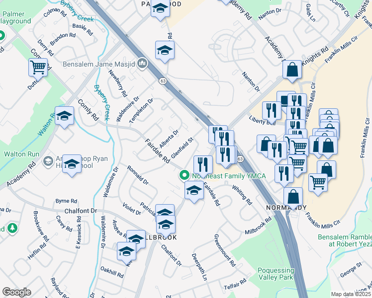 map of restaurants, bars, coffee shops, grocery stores, and more near 12023 Glenfield Street in Philadelphia