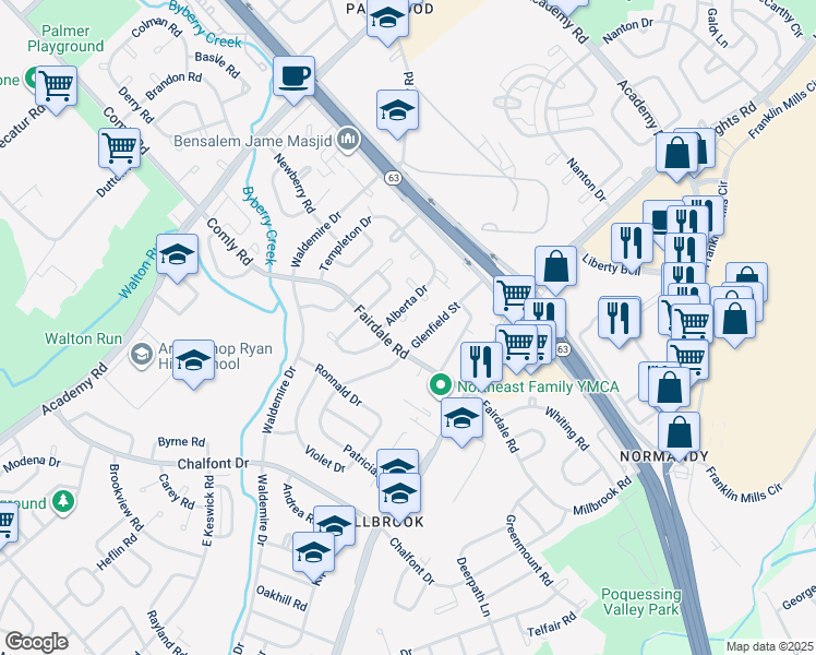 map of restaurants, bars, coffee shops, grocery stores, and more near 3890 Alberta Terrace in Philadelphia