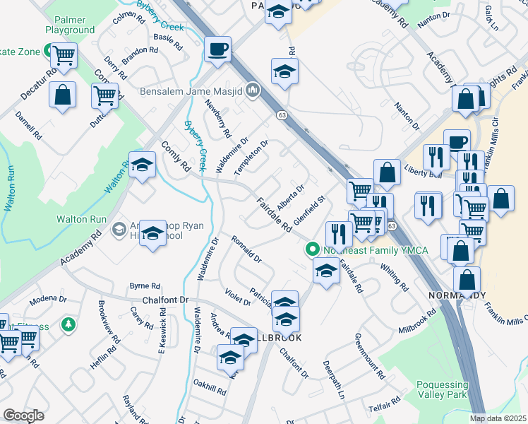 map of restaurants, bars, coffee shops, grocery stores, and more near 3854 Fairdale Road in Philadelphia
