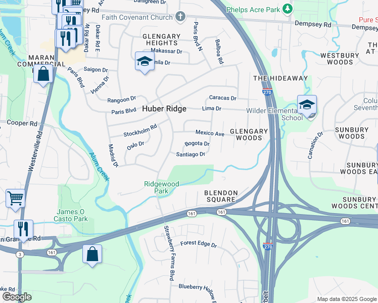 map of restaurants, bars, coffee shops, grocery stores, and more near 3679 Santiago Drive in Westerville
