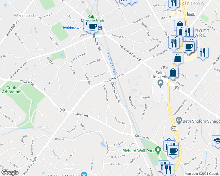 map of restaurants, bars, coffee shops, grocery stores, and more near 950 Chelten Hills Drive in Wyncote