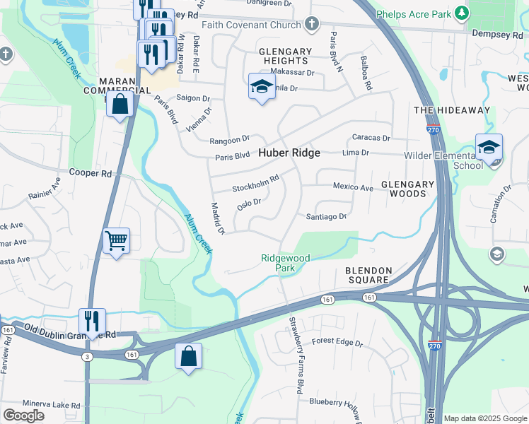 map of restaurants, bars, coffee shops, grocery stores, and more near 5520 Copenhagen Drive in Westerville