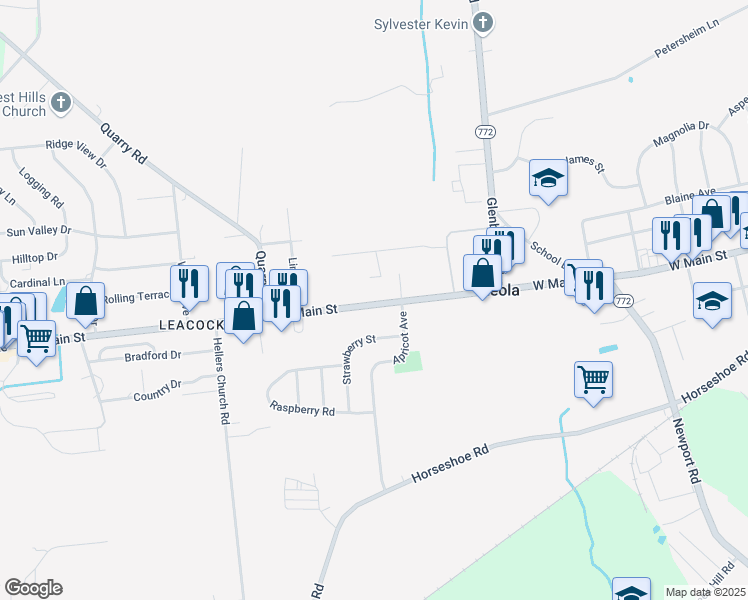 map of restaurants, bars, coffee shops, grocery stores, and more near 199 West Main Street in Leacock-Leola-Bareville