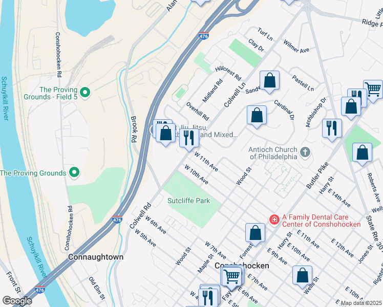 map of restaurants, bars, coffee shops, grocery stores, and more near 1075 Colwell Lane in Conshohocken