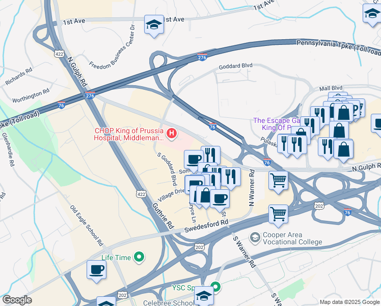 map of restaurants, bars, coffee shops, grocery stores, and more near 230 Village Drive in King of Prussia