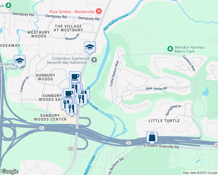 map of restaurants, bars, coffee shops, grocery stores, and more near 5467 Turtle Station Way in Westerville